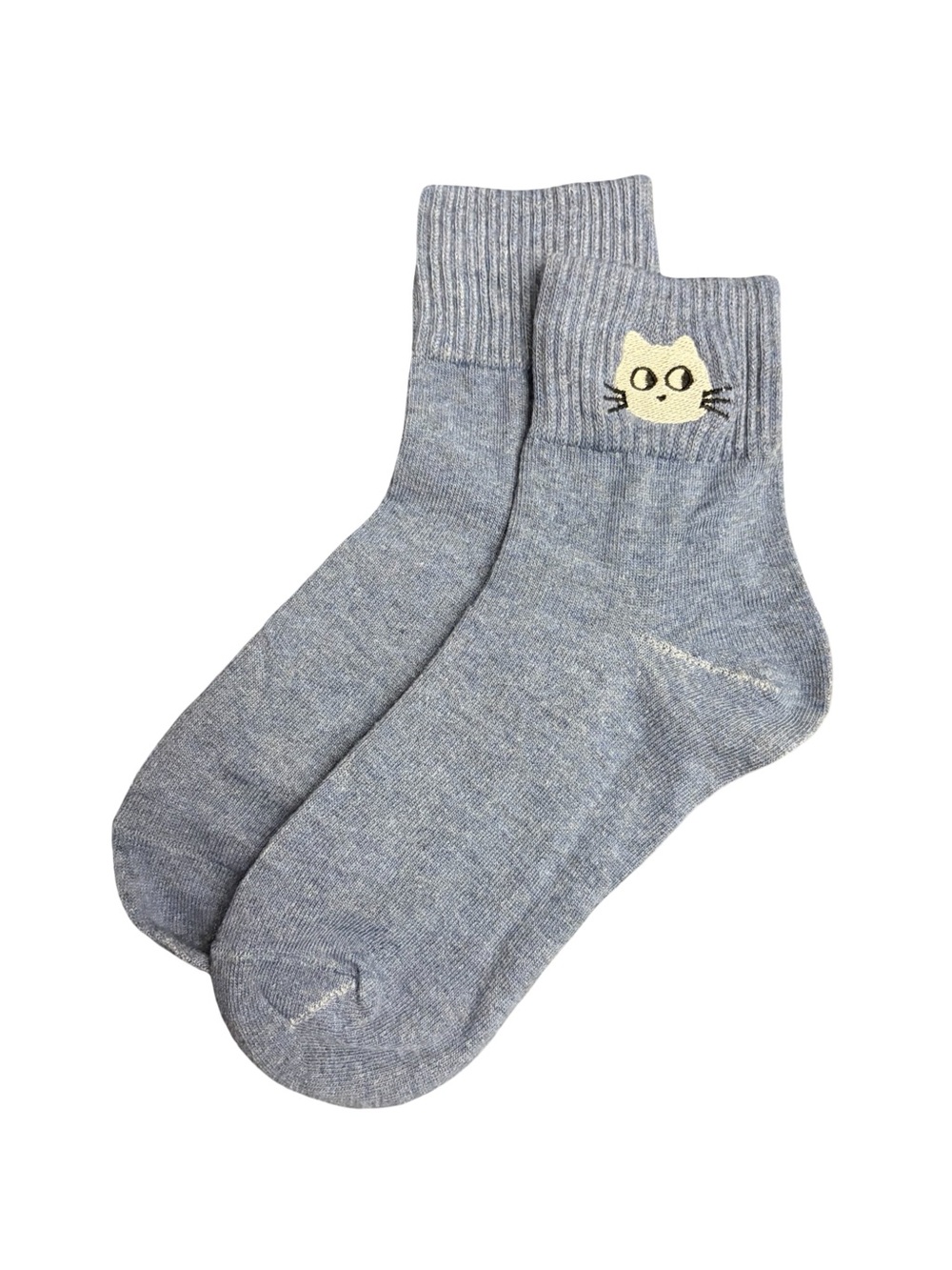 Cute Cat Embroidered Low Crew Socks Heather Gray Womens One Size